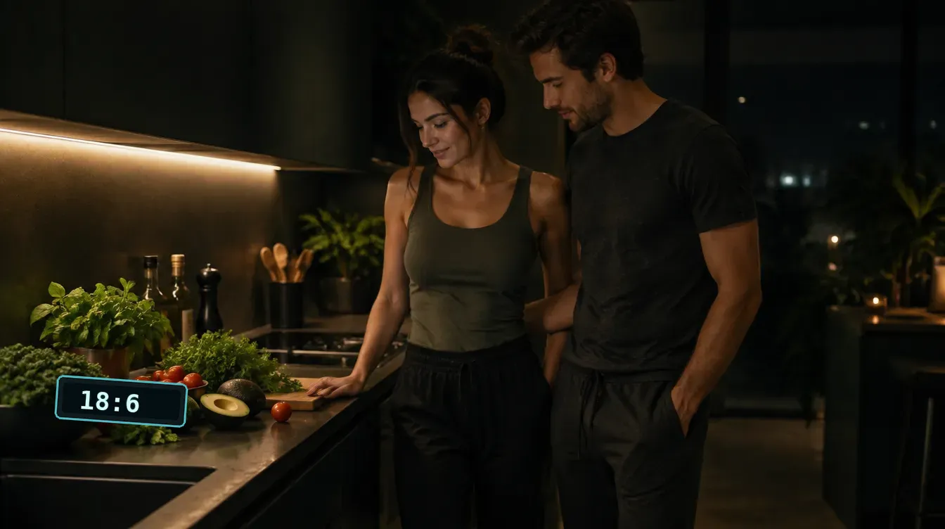 A fictional fit couple in a dark kitchen, vegetables on the counter, and a digital clock reading 18:6.